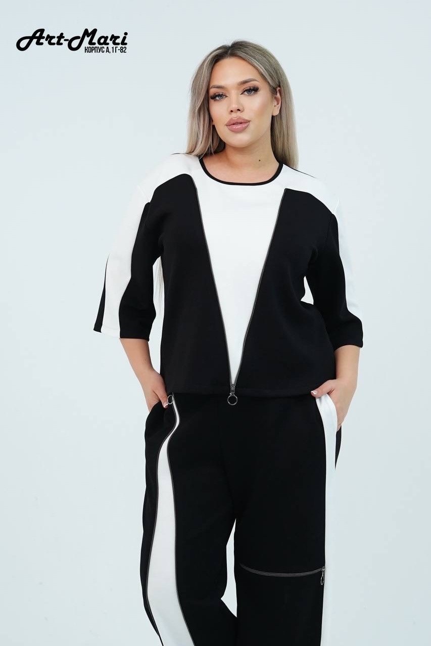 брючный костюм andina 972 черный/белый двойка,женский брючный костюм,женский костюм,черный брючный костюм с туникой и контрастными вставками,женский костюм классический стиль брючный костюм