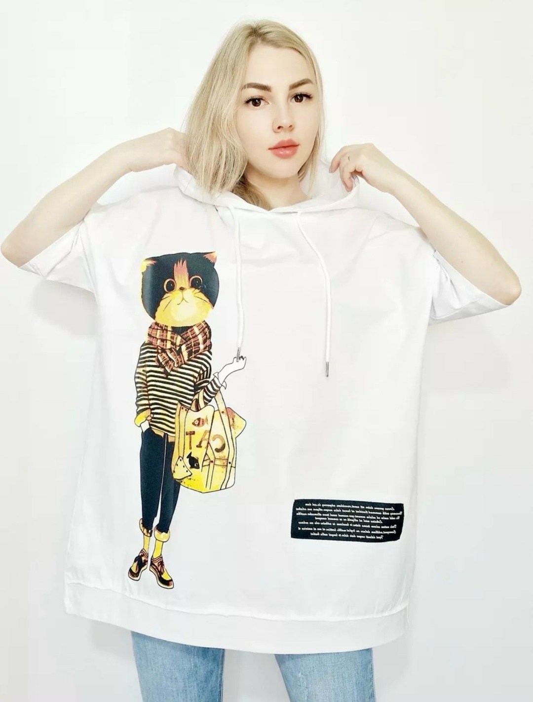 футболка оверсайз больших размеров с капюшоном,футболки женская,туника женская,футболка женская с капюшоном,женская кофта