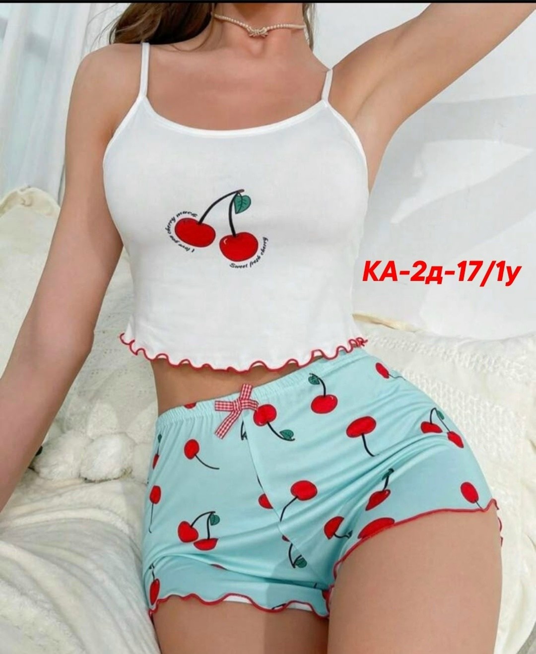 пижама женская комплект из топа и шорт,женская пижама комплект,пижама женская,женские пижамные комплекты,пижамный комплект из сорочки и шорт с принтом вишни для женщин