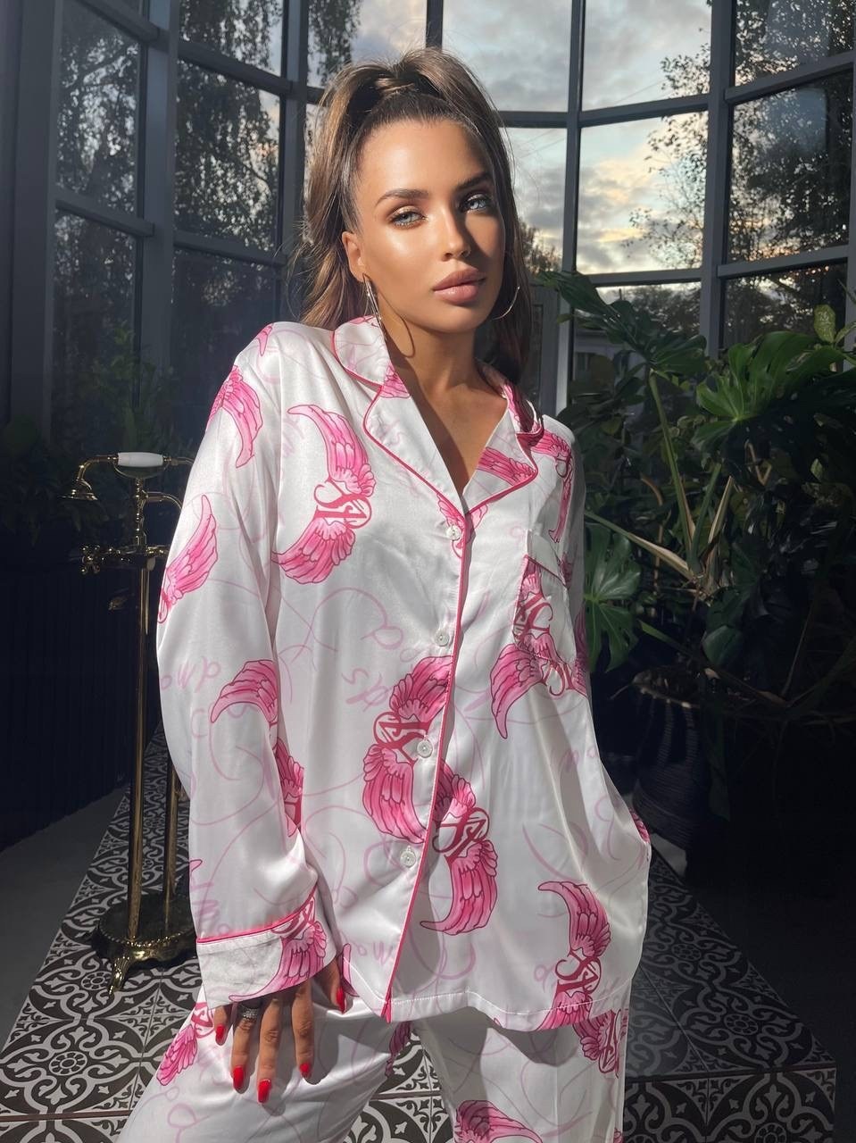 шелковый домашний костюм в пижамном стиле,шелковый костюм в пижамном стиле trend.collection 232120803,шелковый костюм в пижамном стиле trend.collection,атласный костюм женский в пижамном стиле,костюм