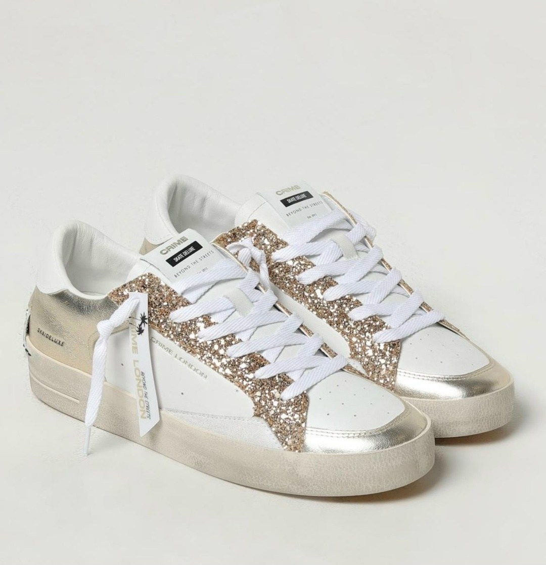 ,кожаные кеды crime london,кеды женские белые натуральная кожа на платформе с блестками crime london,кеды crime london,crime london baskets basses sk8 deluxe anialier-gold