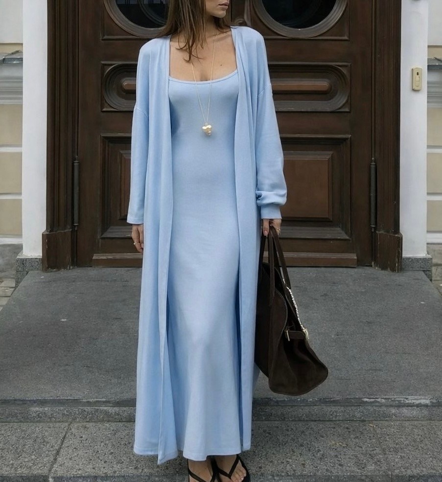 вязаное платье макси,платье и кардиган,платье удлиненное,трикотажное платье,вязаный костюм с платьем и кардиганом marta