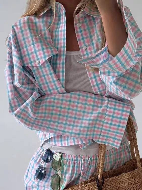 костюм с рубашкой,костюм шорты и рубашка,рубашка женская,женский костюм,женский клетчатый комплект из 2 предметов с шортами