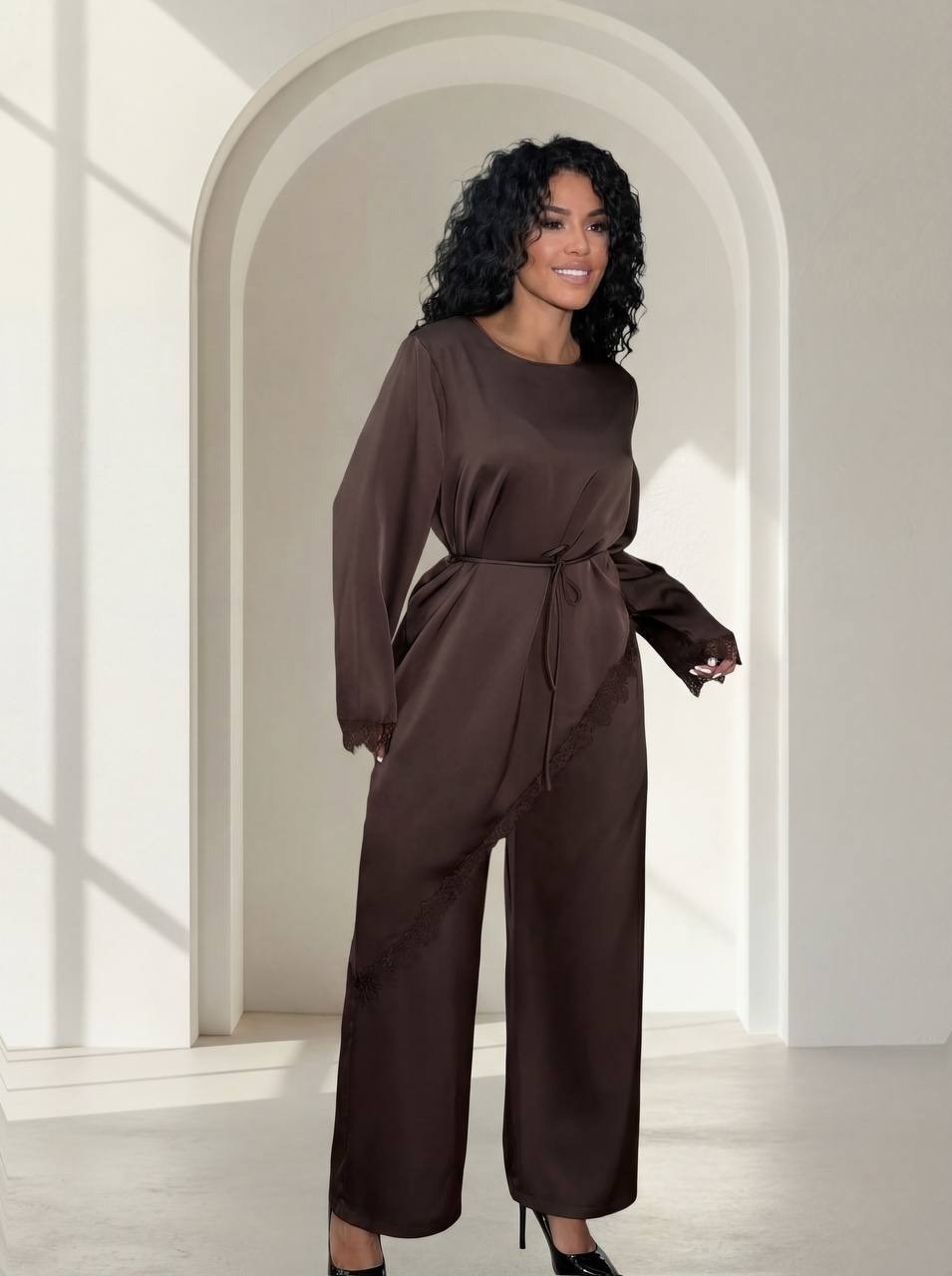 комбинезон люше 3894 коричневый размер 44-54,женские комбинезоны,костюм с брюками,комбинезон с брюками,стильный комбинезон с струящейся тканью и регулируемыми рукавами lyushe 3894