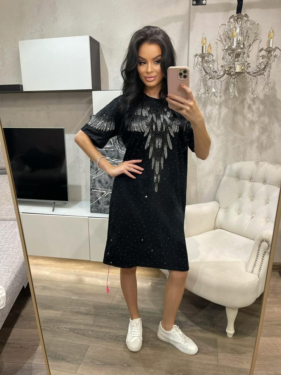 туника праздничная удлиненная домашняя t.b shop,платье,нарядное платье,футболка оверсайз со стразами fashion lux,платье женское