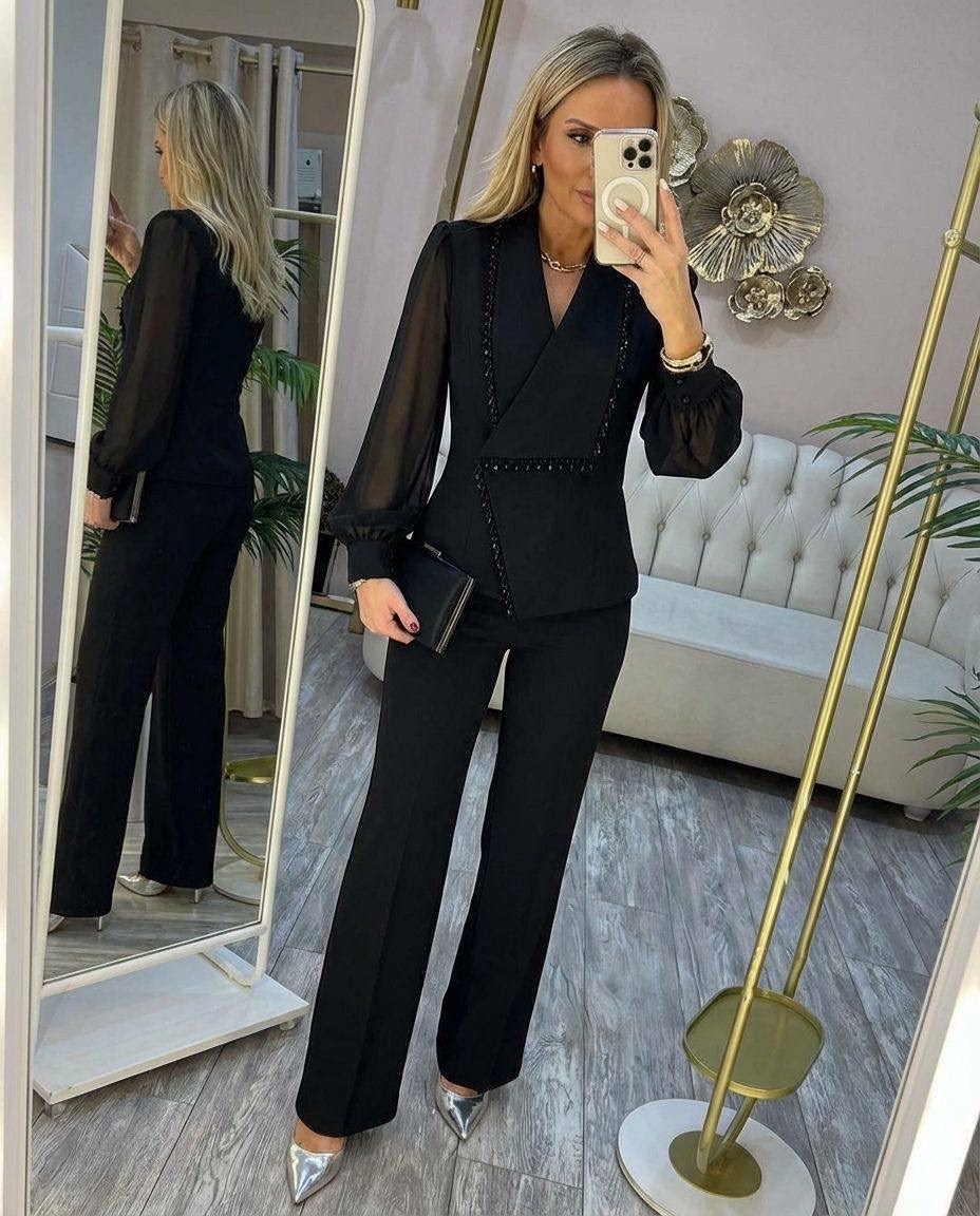 брючный костюм,брючный костюм женский,женский костюм,двубортный шифоновый комбинезон с воротником и рукавами, украшенный бисером,костюм брючный вечерний shefancy