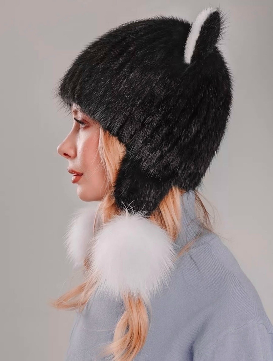 женская меховая шапка,шапка с ушками и помпоном,шапка меховая,шапка зимняя меховая,шапка меховая с ушками