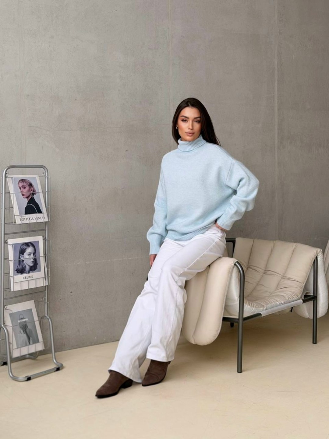 свитер оверсайз,свитер оверсайз с горлом,вязаный свитер оверсайз с горлом шерстяной polly oztrend,свитер с горлом,удлиненный свитер