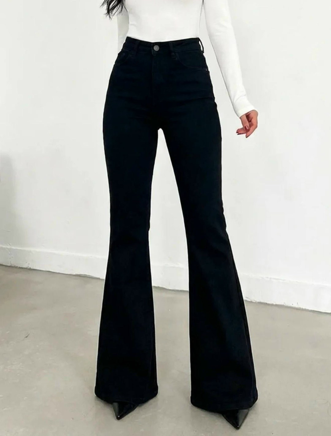 джинсы клеш женские,джинсы женские,черные женские качественные джинсы клеш от колена,черные джинсы клеш,джинсы клёш