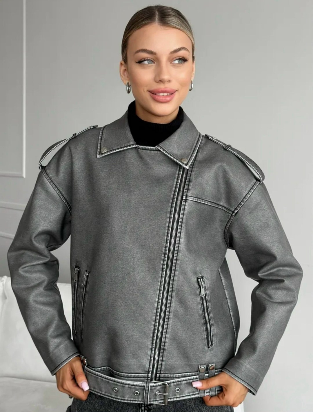 косуха винтажная куртка кожаная oversize серая monyken,косуха куртка,серая косуха оверсайз,женская кожаная куртка косуха оверсайз,косуха оверсайз демисезонная c&h style