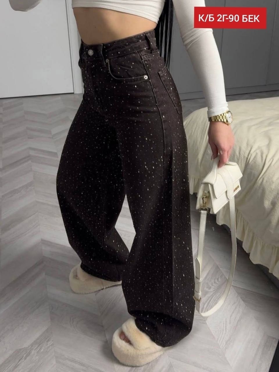 джинсы со стразами,джинсы клеш со стразами h&a collection,женские джинсы со стразами,джинсы широкие багги со стразами selfsame,женские джинсы