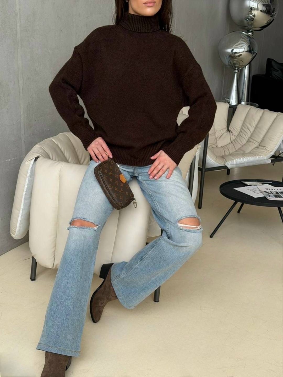 свитер оверсайз,свитер оверсайз с горлом,вязаный свитер оверсайз с горлом шерстяной polly oztrend,свитер с горлом,удлиненный свитер