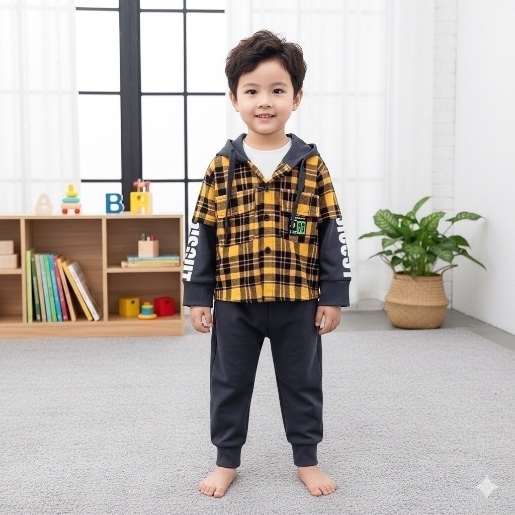 рубашка клетчатая комбинированная с капюшоном kid's love,рубашка в клетку теплая оверсайз с капюшоном hid trendy,комплект одежды для мальчика,детская фланелевая рубашка с комбинированными рукавами, ка