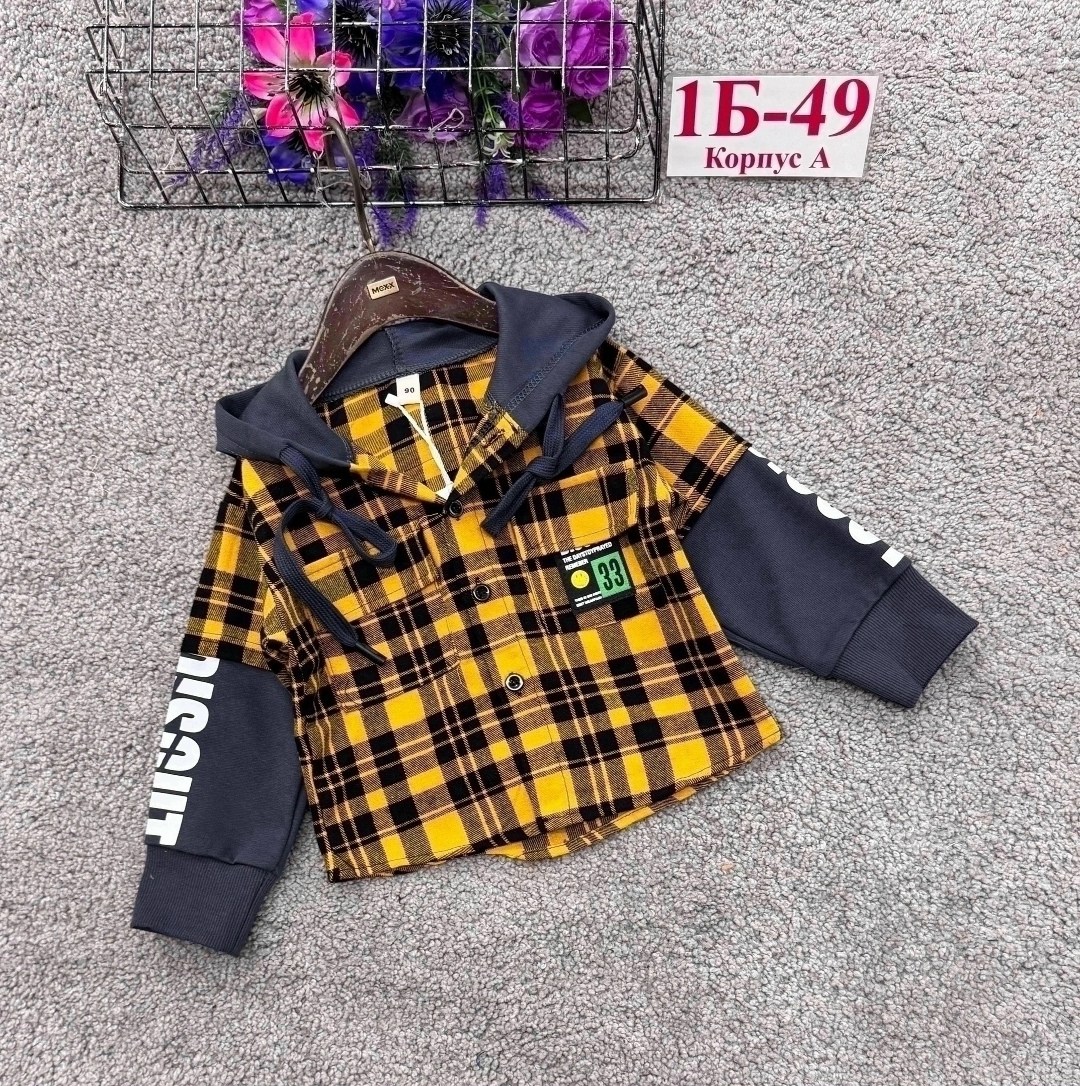 рубашка клетчатая комбинированная с капюшоном kid's love,рубашка в клетку теплая оверсайз с капюшоном hid trendy,комплект одежды для мальчика,детская фланелевая рубашка с комбинированными рукавами, ка
