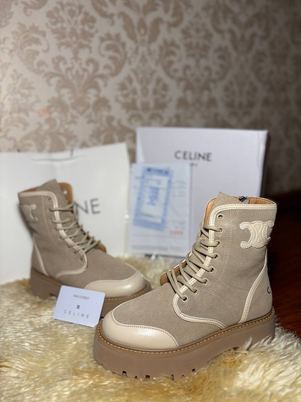 ботинки celine,комбинированные ботинки celine premium,женские ботинки celine натуральная кожа,celine ботинки бежевые женские,ботинки зимние celine