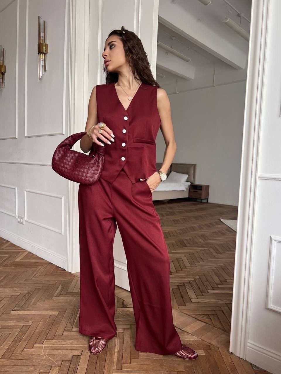 костюм из льна женский брюки и жилет,брюки палаццо и жилет костюм,брючный костюм,брючный костюм с жилеткой женский,брючный костюм с жилетом