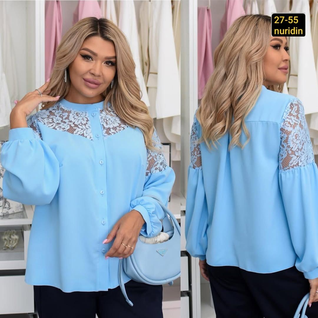 блузка женская голубая,блузка женская с рукавами,женская блузка,блуза luxury moda 491 голубой,блузка больших размеров женская