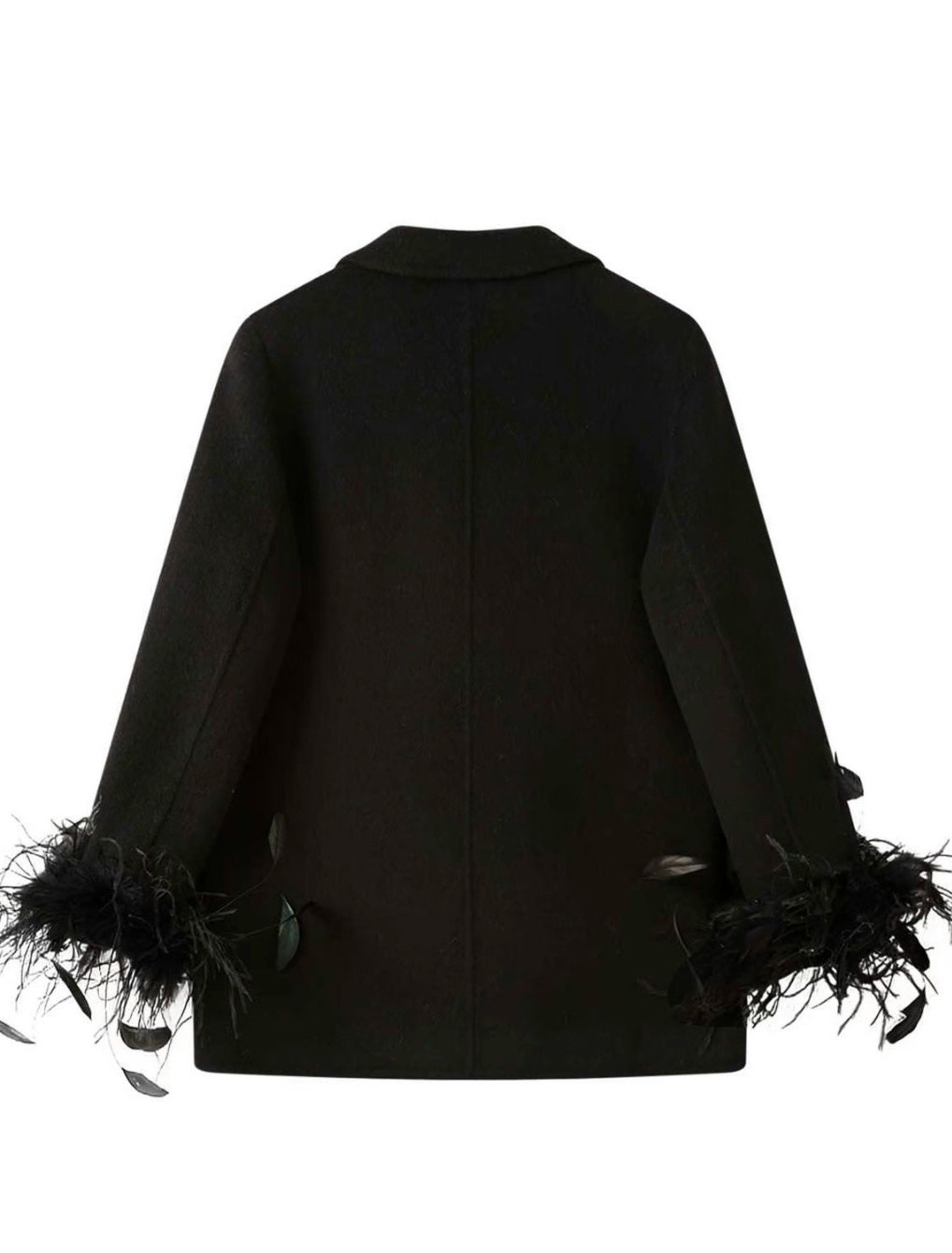 жакет с перьями,пиджак с перьями,женский черный шерстяной жакет с перьевой отделкой prada,пиджак с перьями на рукавах,жакет прямого кроя с перьями
