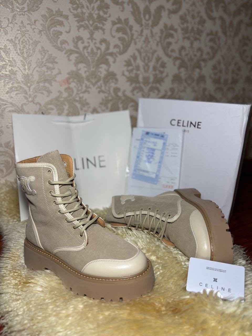 ботинки celine,комбинированные ботинки celine premium,женские ботинки celine натуральная кожа,celine ботинки бежевые женские,ботинки зимние celine