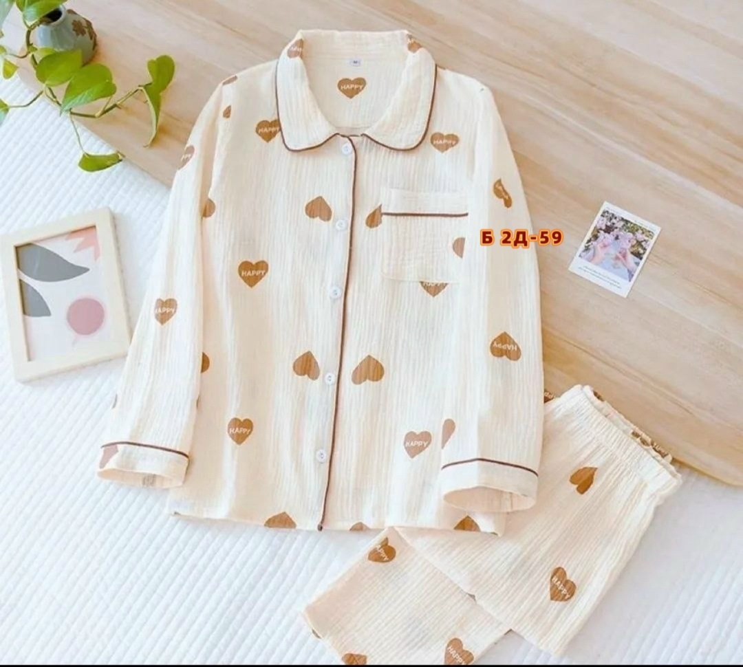 муслиновая пижама со штанами и рубашкой insomnimio,пижама со штанами и рубашкой y2k moolmeyno,пижама женская,пижама,пижама со штанами и рубашкой с сердечками gosu korean