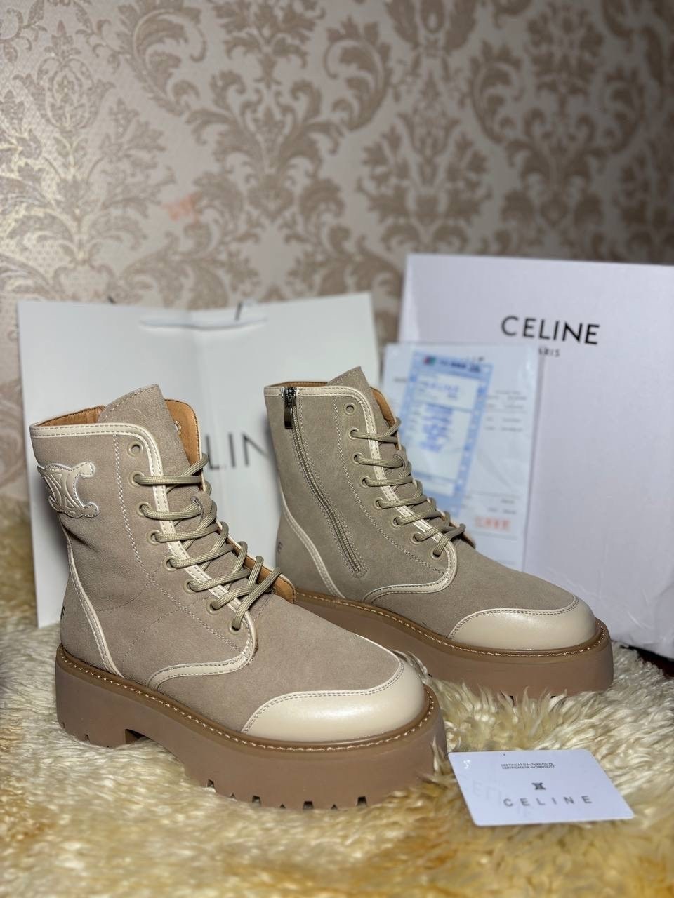 ботинки celine,комбинированные ботинки celine premium,женские ботинки celine натуральная кожа,celine ботинки бежевые женские,ботинки зимние celine