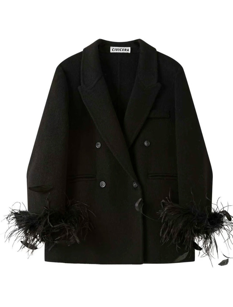 жакет с перьями,пиджак с перьями,женский черный шерстяной жакет с перьевой отделкой prada,пиджак с перьями на рукавах,жакет прямого кроя с перьями