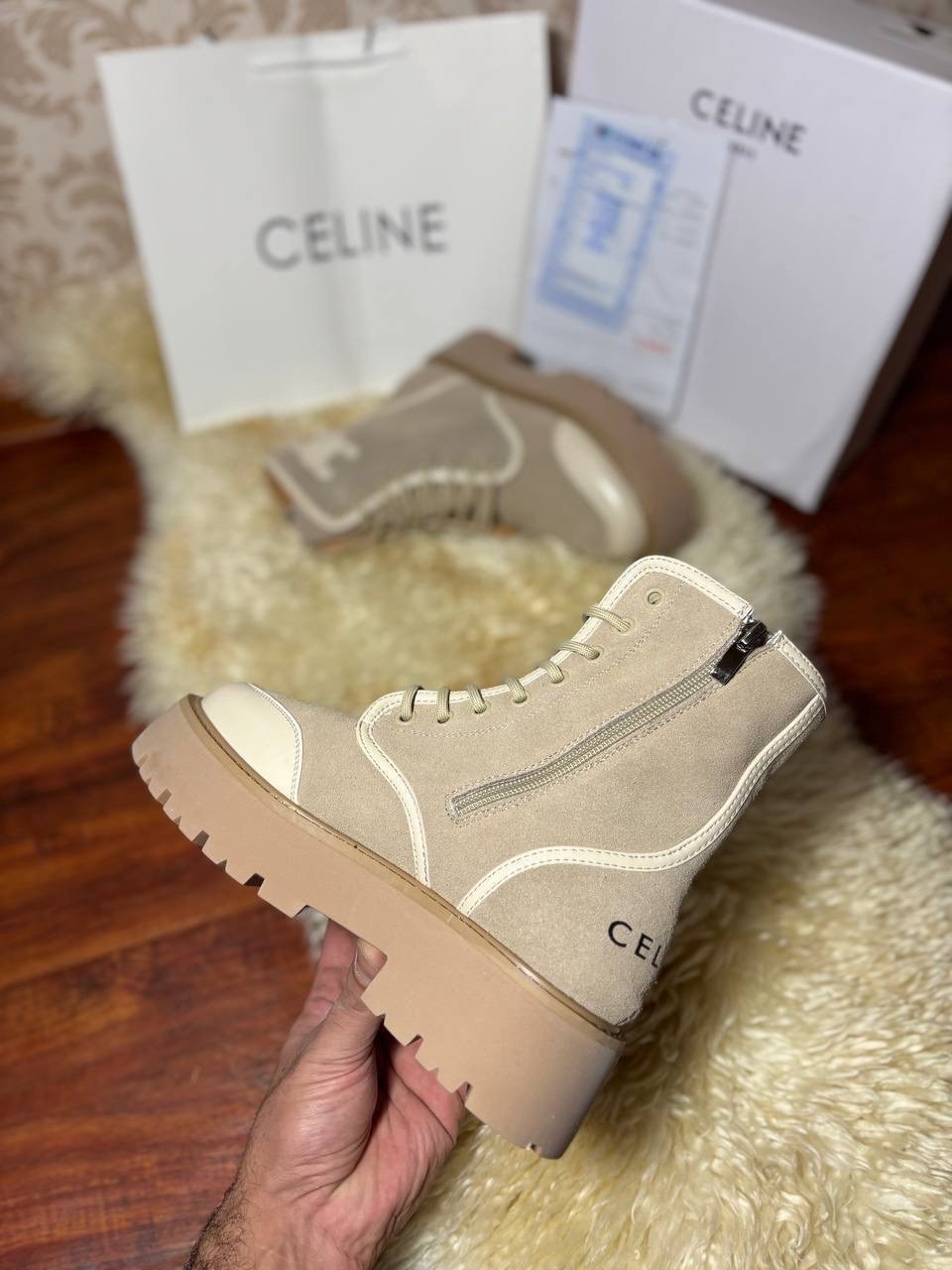 ботинки celine,комбинированные ботинки celine premium,женские ботинки celine натуральная кожа,celine ботинки бежевые женские,ботинки зимние celine