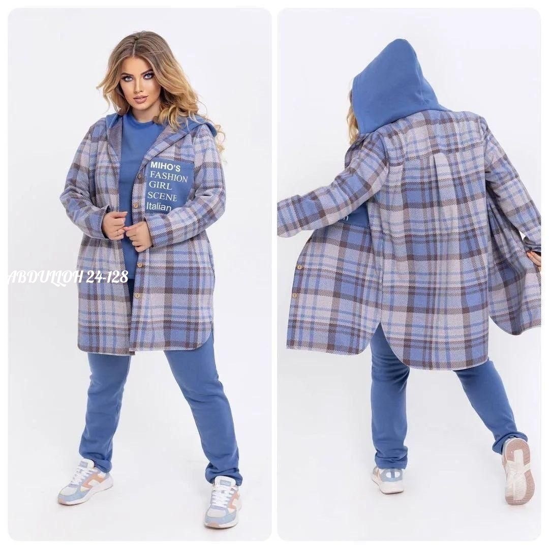 костюм женский на флисе,синий теплый женский костюм-тройка с кардиганом в клетку,кардиган женский в клетку,костюм женский тройка,клетчатый кардиган женский голубой