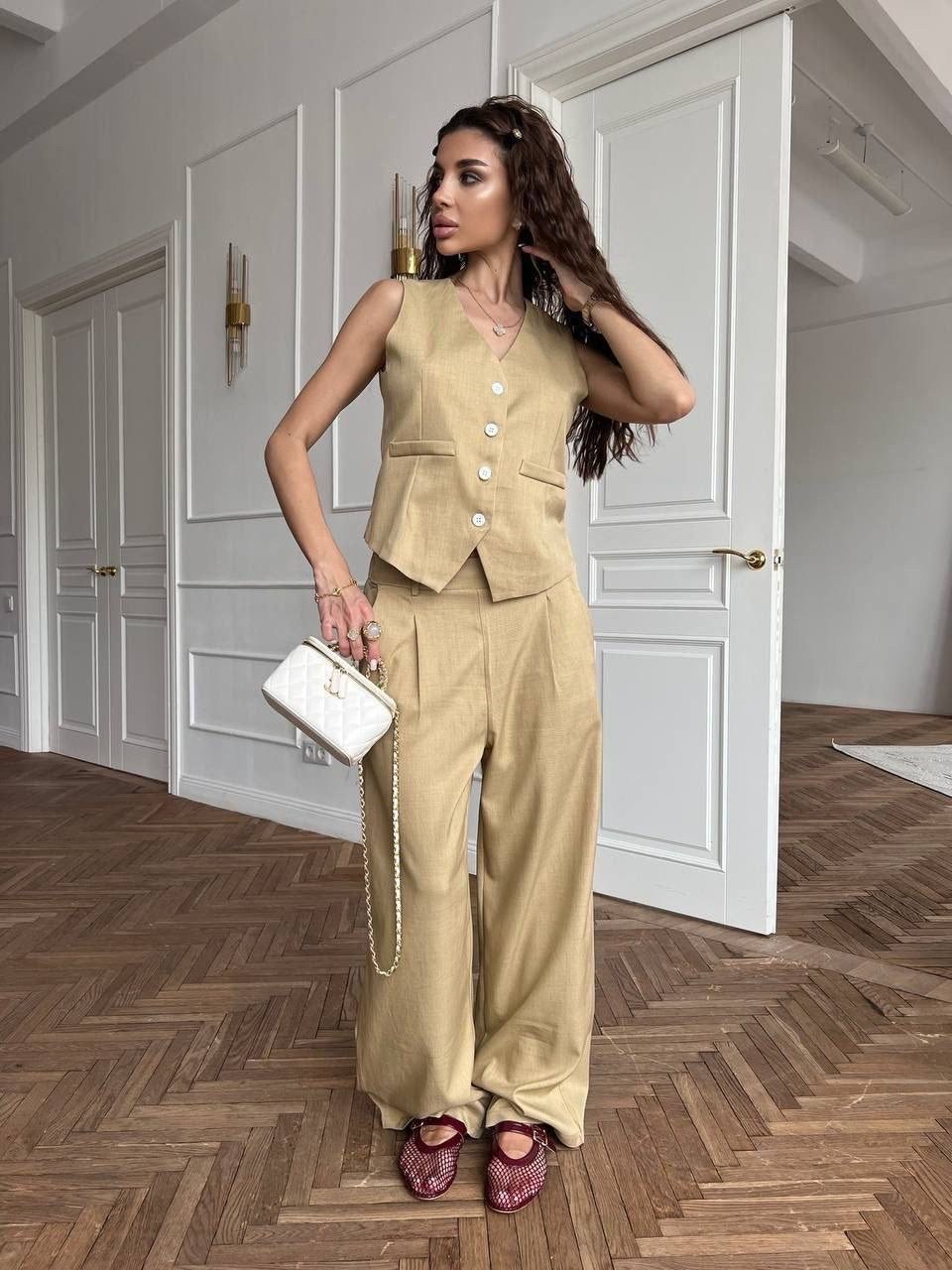 костюм из льна женский брюки и жилет,брюки палаццо и жилет костюм,брючный костюм,брючный костюм с жилеткой женский,брючный костюм с жилетом