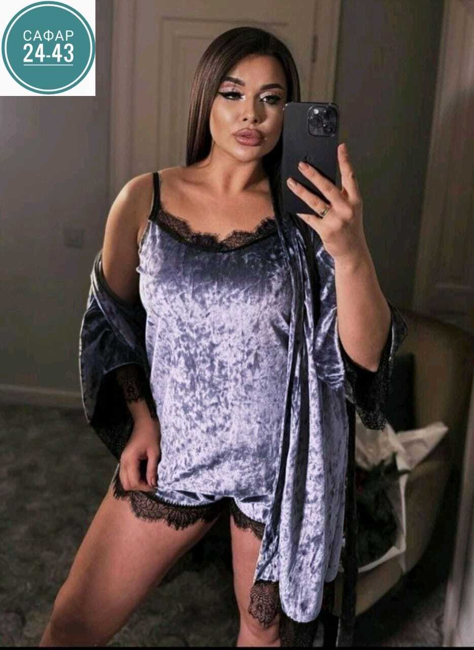 пеньюар женский комплект,комплект с пеньюаром,пеньюар женский,комплект халат,пижама женская 4ка велюр