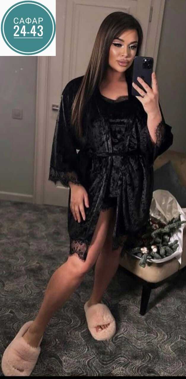 пеньюар женский комплект,комплект с пеньюаром,пеньюар женский,комплект халат,пижама женская 4ка велюр