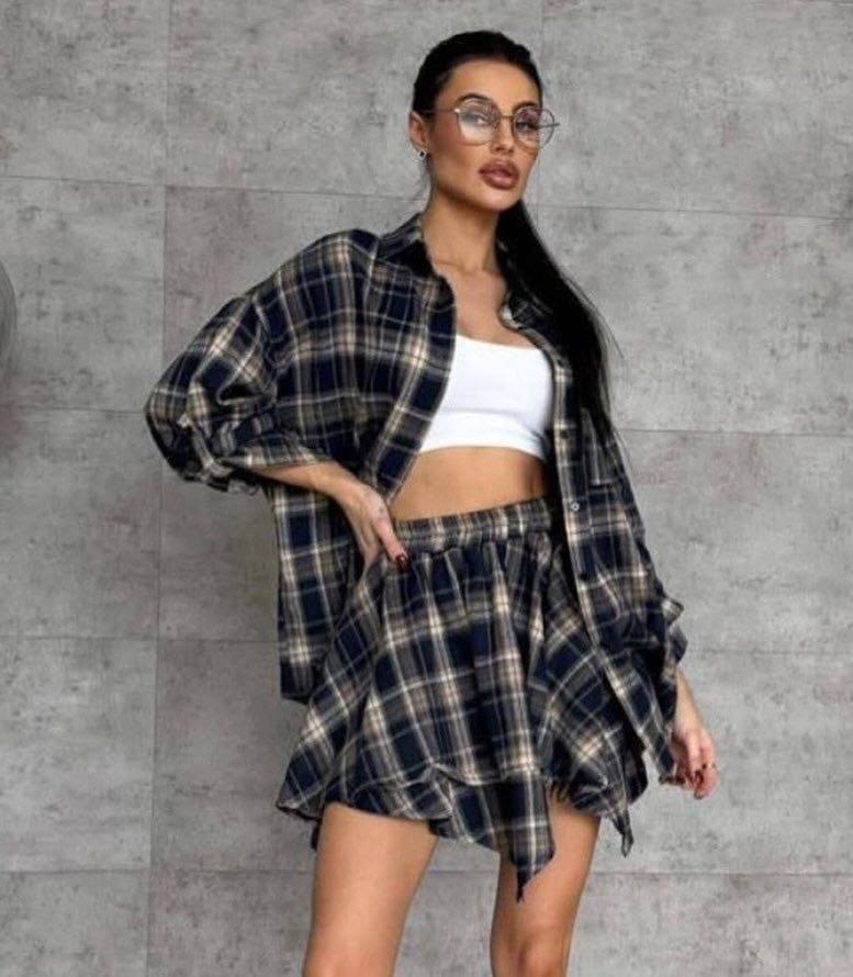 костюм с юбкой и рубашкой,костюм в клетку,рубашка с юбкой,костюм двойка с юбкой и рубашкой повседневный,костюм с юбкой в клетку