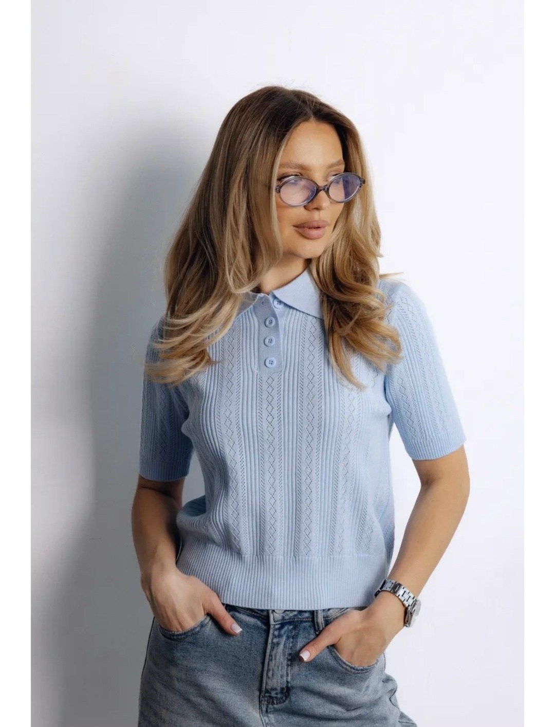 женский джемпер,голубой джемпер,джемпер вязаный поло женский,джемпер ina vokich цвет голубой,джемпер