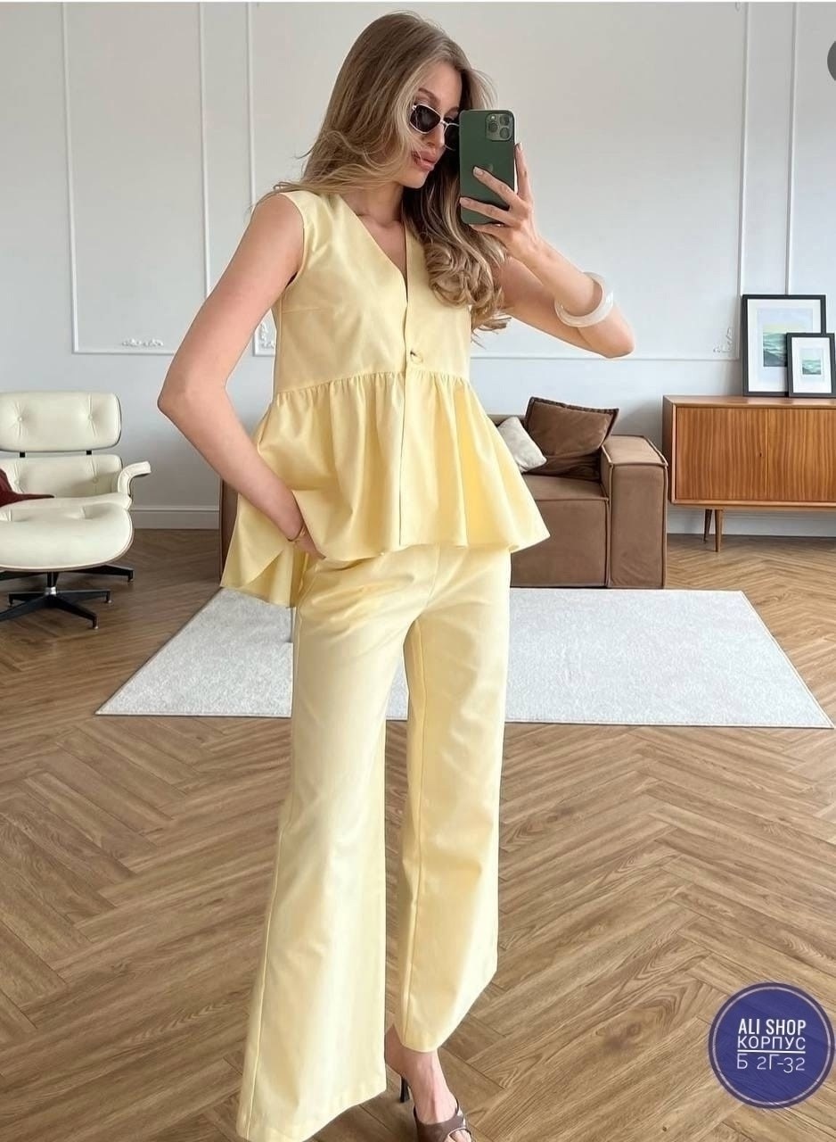 летние женские костюмы,костюм льняной брючный,брючный костюм,стильные костюмы,костюм льняной летний брючный с жилетом и брюками паллацо by fiola
