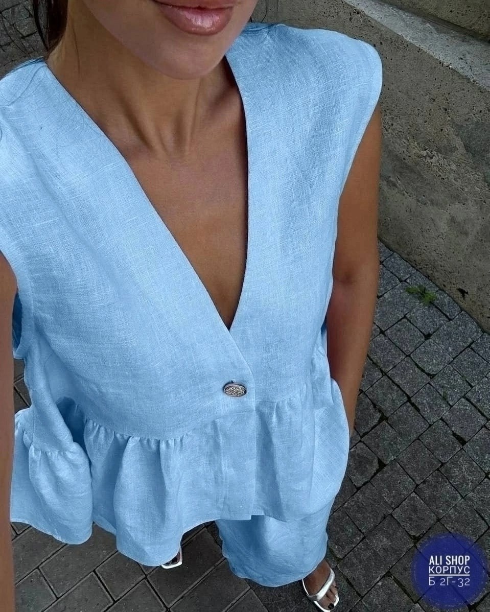 летние женские костюмы,костюм льняной брючный,брючный костюм,стильные костюмы,костюм льняной летний брючный с жилетом и брюками паллацо by fiola