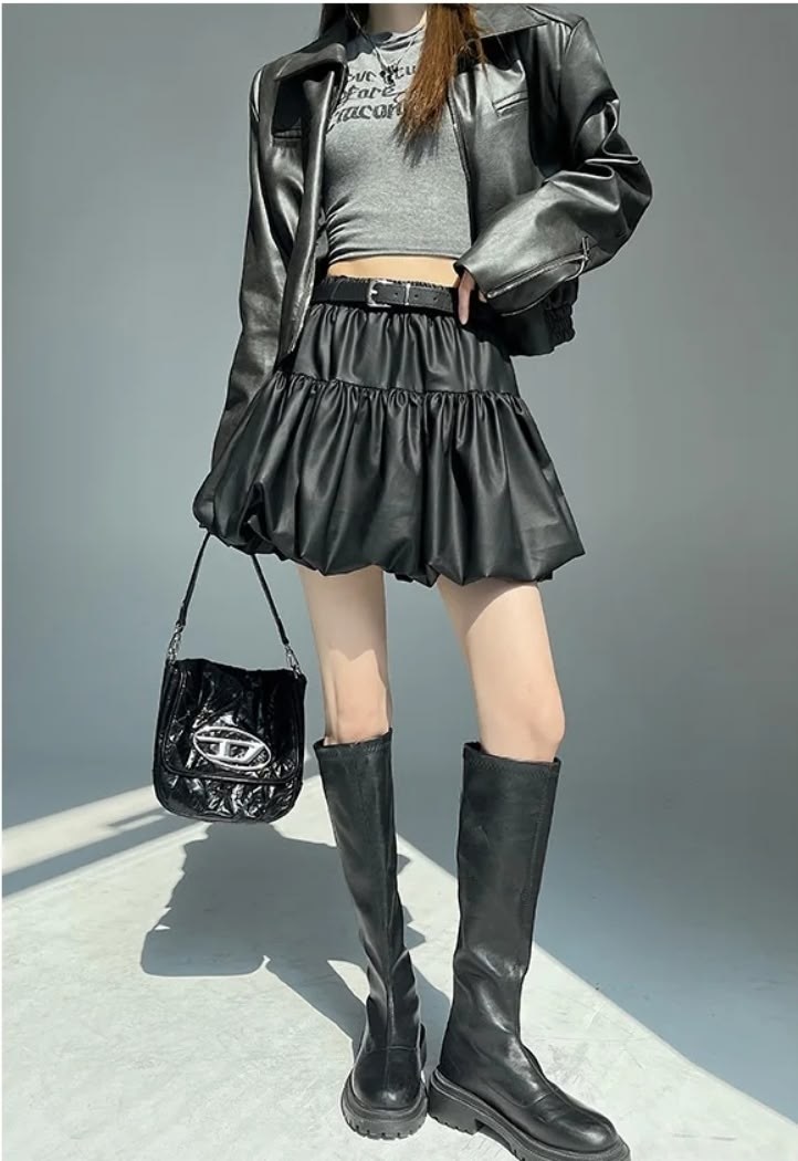 мини-юбка из искусственной кожи в стиле гот-панк,мини-юбка из искусственной кожи с высокой талией и оборками,женская кожаная мини-юбка с оборками черная,женская юбка из искусственной кожи dq1427,юбка