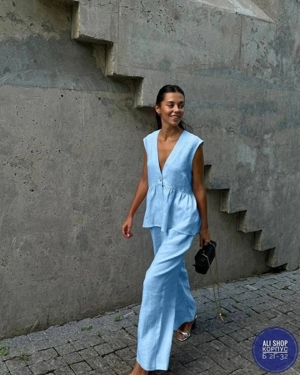 летние женские костюмы,костюм льняной брючный,брючный костюм,стильные костюмы,костюм льняной летний брючный с жилетом и брюками паллацо by fiola