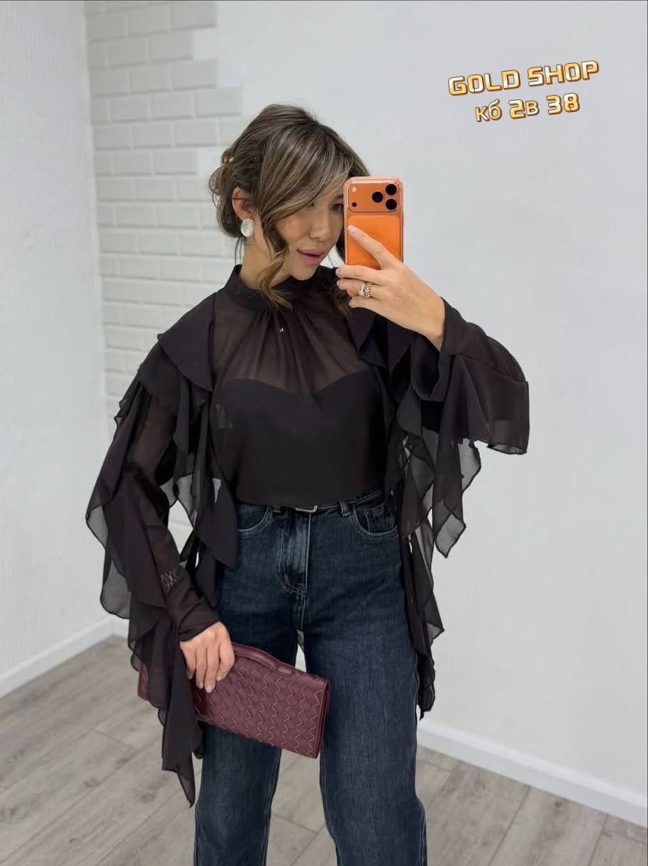 блузка с оборками,блуза из шифона женская,блузка праздничная из шифона с воланами,блузка с воланом,прозрачная блузка