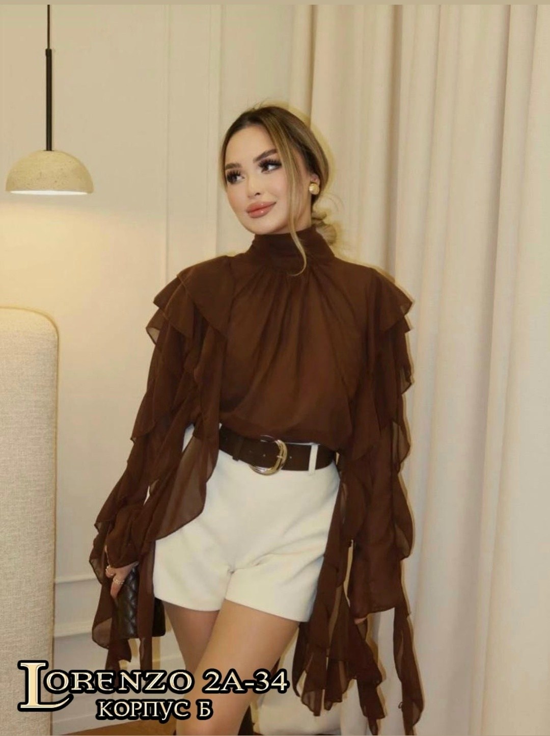 блузка с оборками,блуза нарядная шифоновая с розой рюшами emberens,блуза,блуза шифоновая с розой emberens,блузка с рюшами из шифона