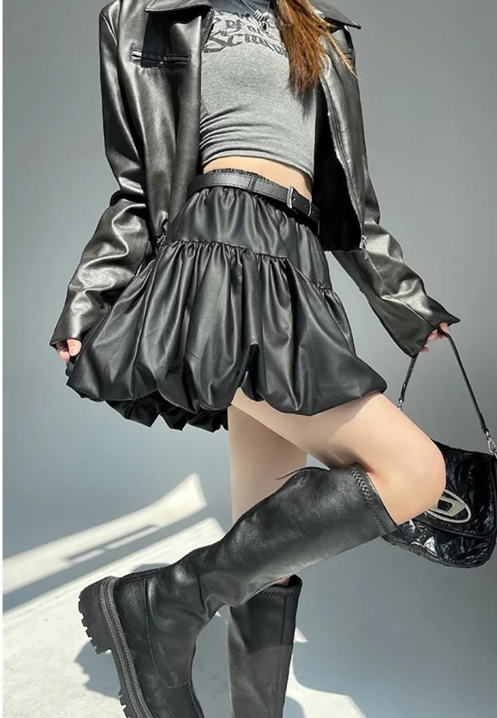 мини-юбка из искусственной кожи в стиле гот-панк,мини-юбка из искусственной кожи с высокой талией и оборками,женская кожаная мини-юбка с оборками черная,женская юбка из искусственной кожи dq1427,юбка