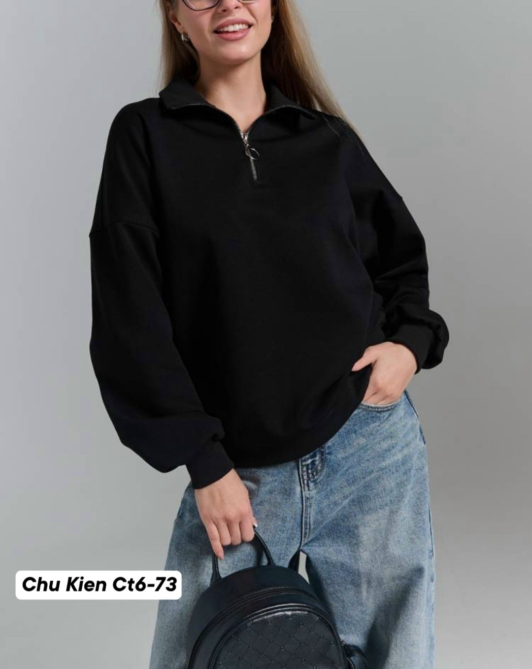 sun victoria women's brown polo neck oversize 3 thread ribbed sweatshirt,свитшот на замке,женская кофта,оверсайз толстовка,свитшот женский