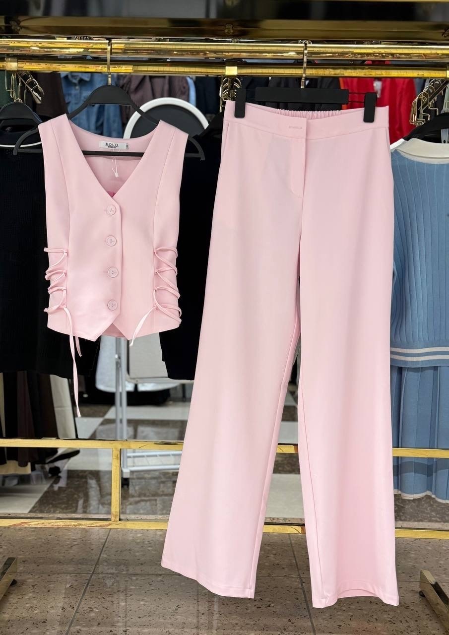 костюм с жилеткой и брюками палаццо розовый logacheva,костюм женский,брючные костюмы женские,костюм с брюками,костюм брючный с жилетом