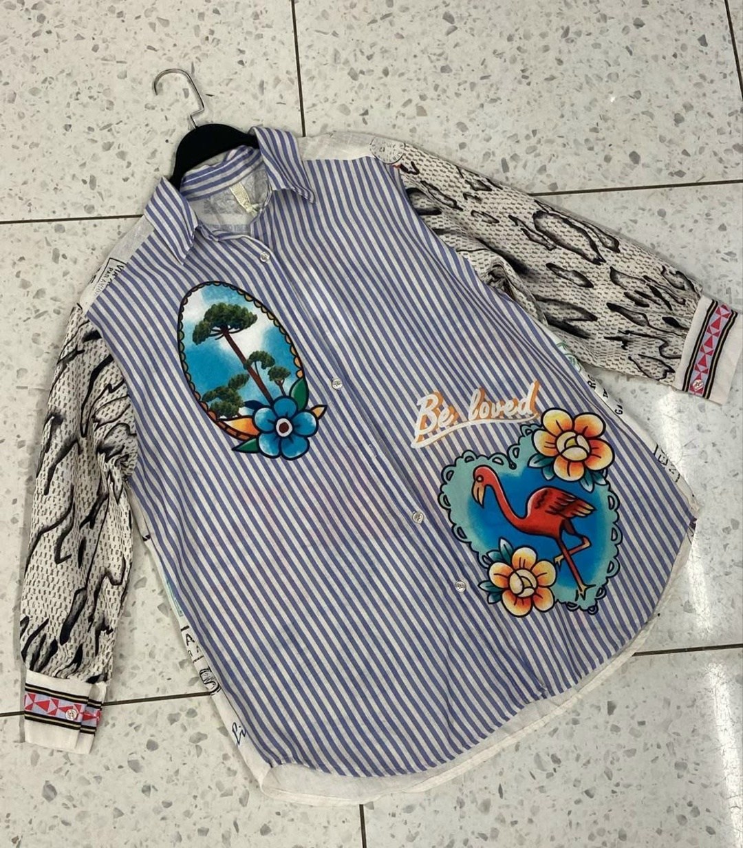 женская рубашка,рубашка в полоску с вышивкой,рубашка с вышивкой,аппликация на рубашку,рубашка в полоску женская с вышивкой