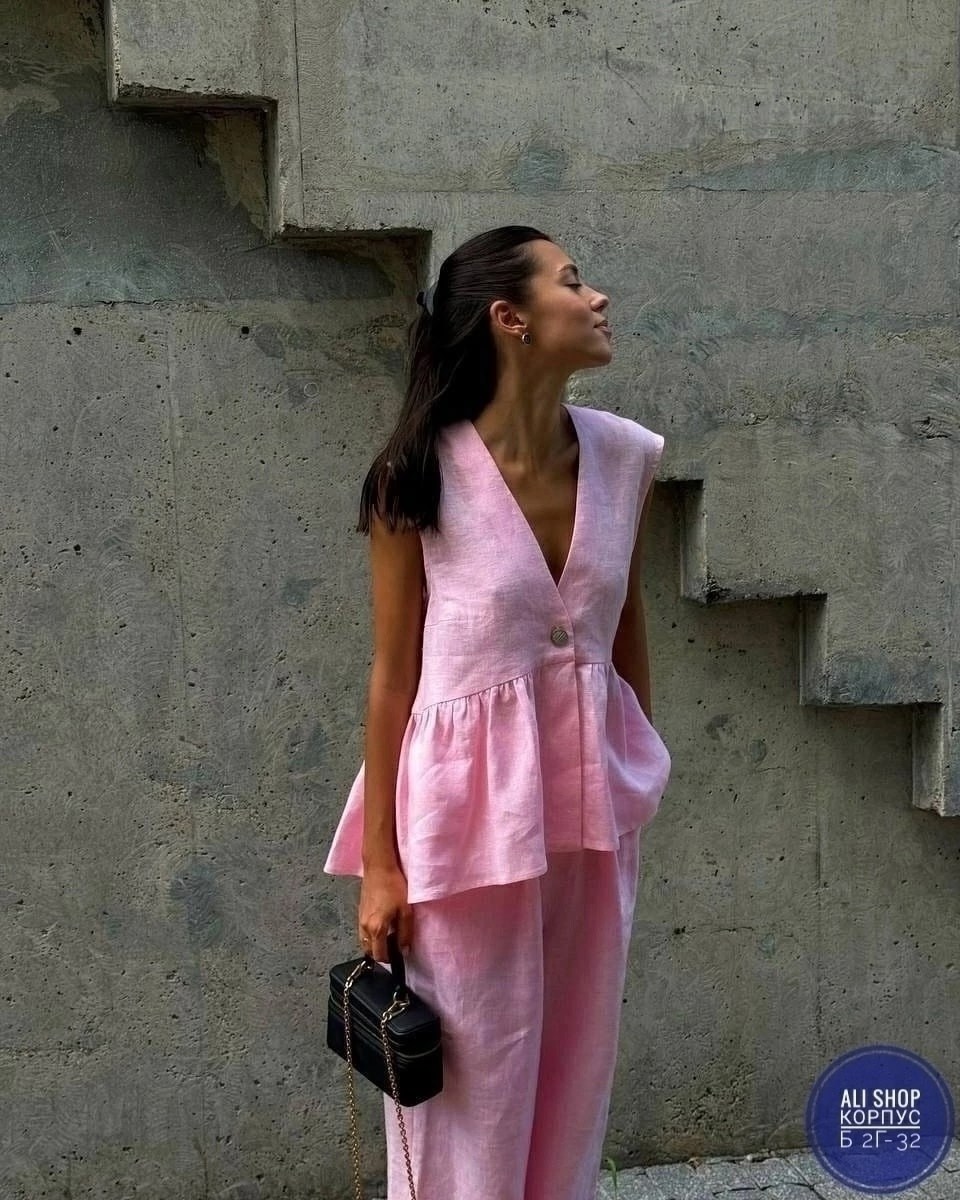 летние женские костюмы,костюм льняной брючный,брючный костюм,стильные костюмы,костюм льняной летний брючный с жилетом и брюками паллацо by fiola