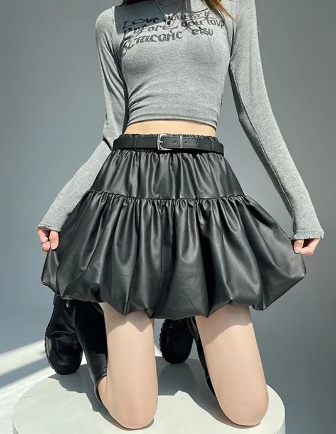 мини-юбка из искусственной кожи в стиле гот-панк,мини-юбка из искусственной кожи с высокой талией и оборками,женская кожаная мини-юбка с оборками черная,женская юбка из искусственной кожи dq1427,юбка