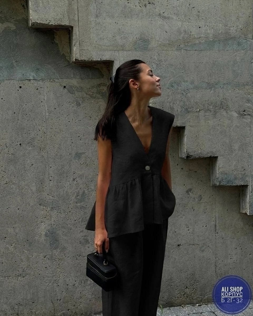 летние женские костюмы,костюм льняной брючный,брючный костюм,стильные костюмы,костюм льняной летний брючный с жилетом и брюками паллацо by fiola