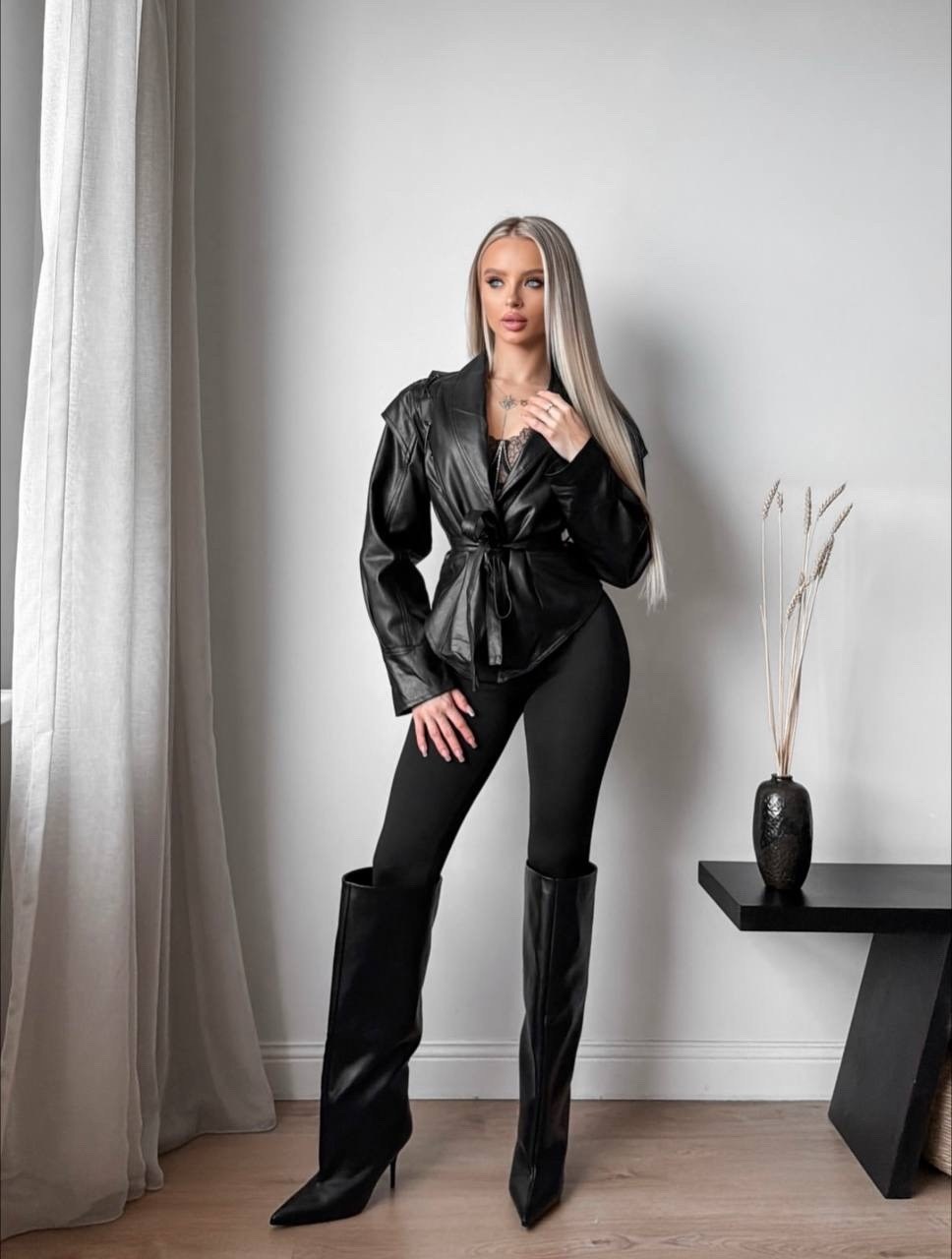 кожаная куртка,куртка кожаная женская,notch collar self belted pu blazer,косуха женская из экокожи,женская куртка из экокожи