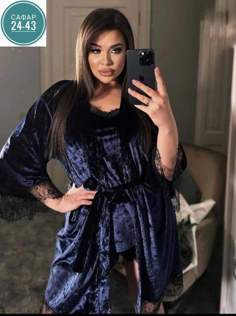 пеньюар женский комплект,комплект с пеньюаром,пеньюар женский,комплект халат,пижама женская 4ка велюр