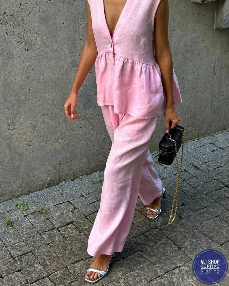 летние женские костюмы,костюм льняной брючный,брючный костюм,стильные костюмы,костюм льняной летний брючный с жилетом и брюками паллацо by fiola