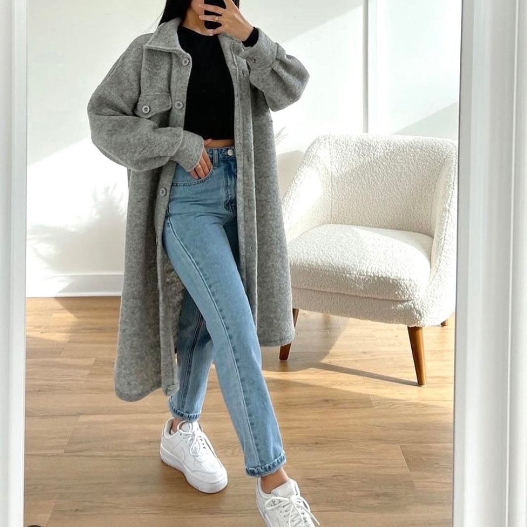 серое пальто,серое пальто женское,длинное пальто,джинсы с пальто